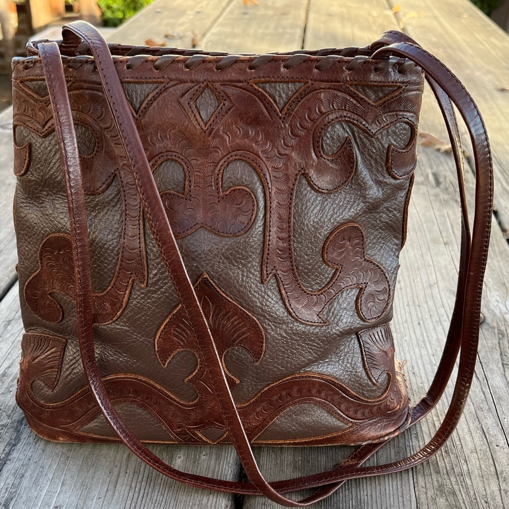 “Leaders in Leather” Vintage Tooled Leather Applique Tote Shoulder Bag